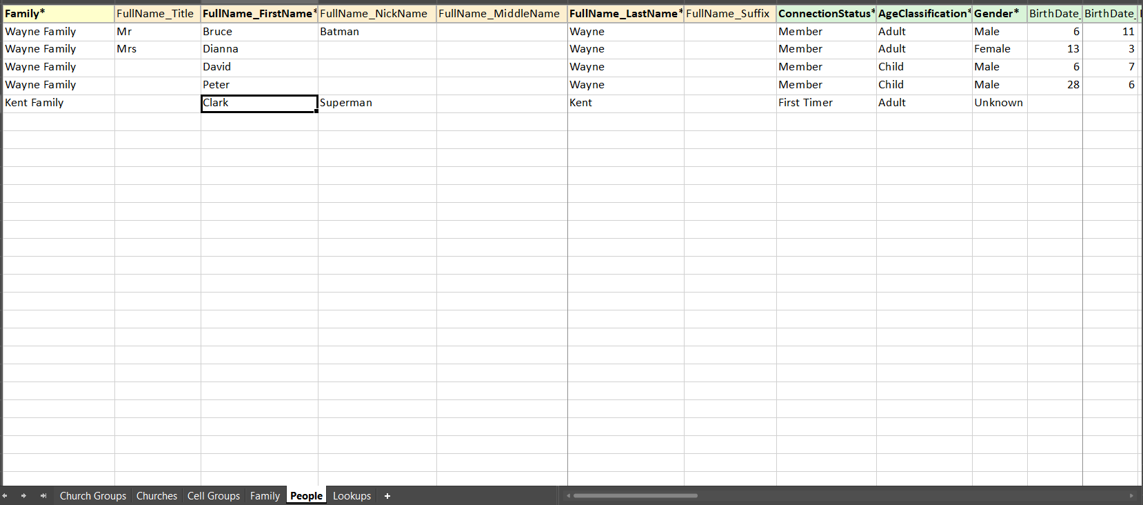 The import template workbook, People tab