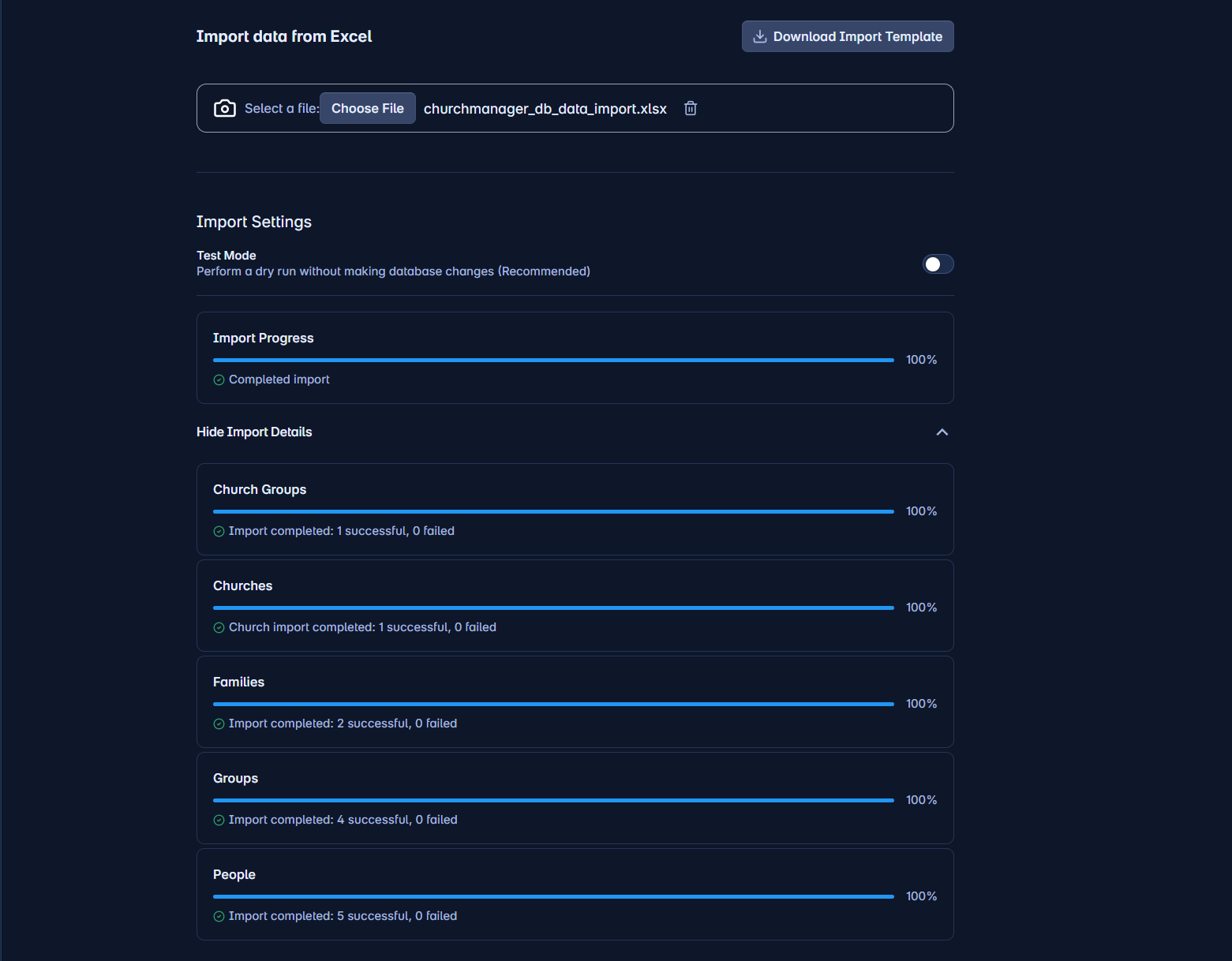 The import screen showing a completed import with per-tab results